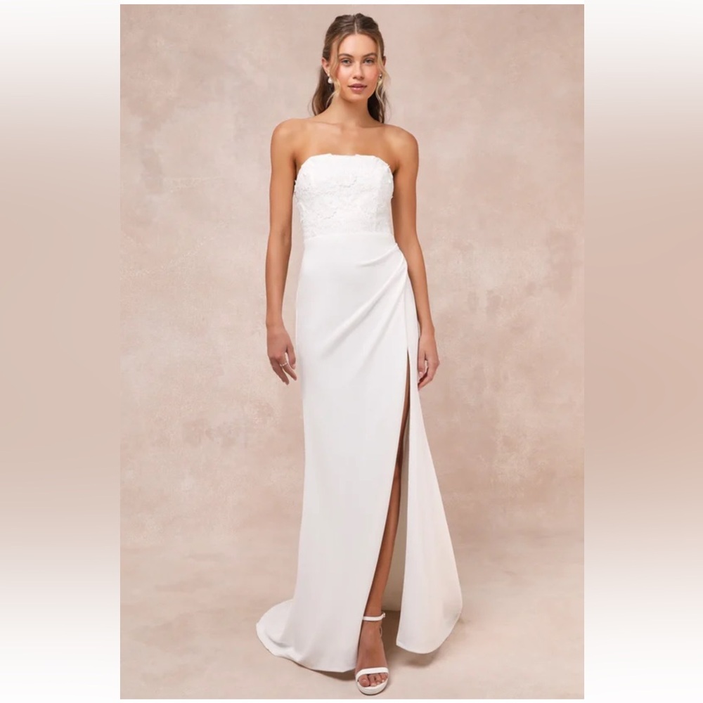 Lulus Refined Glow White 3D Embroidered Sequin Strapless Maxi Dress, SIZE MEDIUM